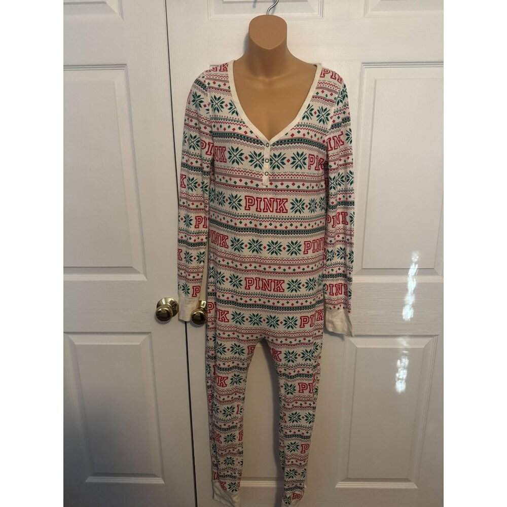 PINK Victoria's Secret Womens L Christmas Snowflake Print Onesie Pajamas